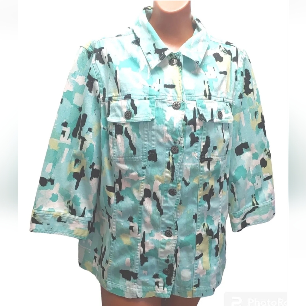CJ Banks Stretch Jacket Metal Button Front Blue Green Denim  Abstract Art Large